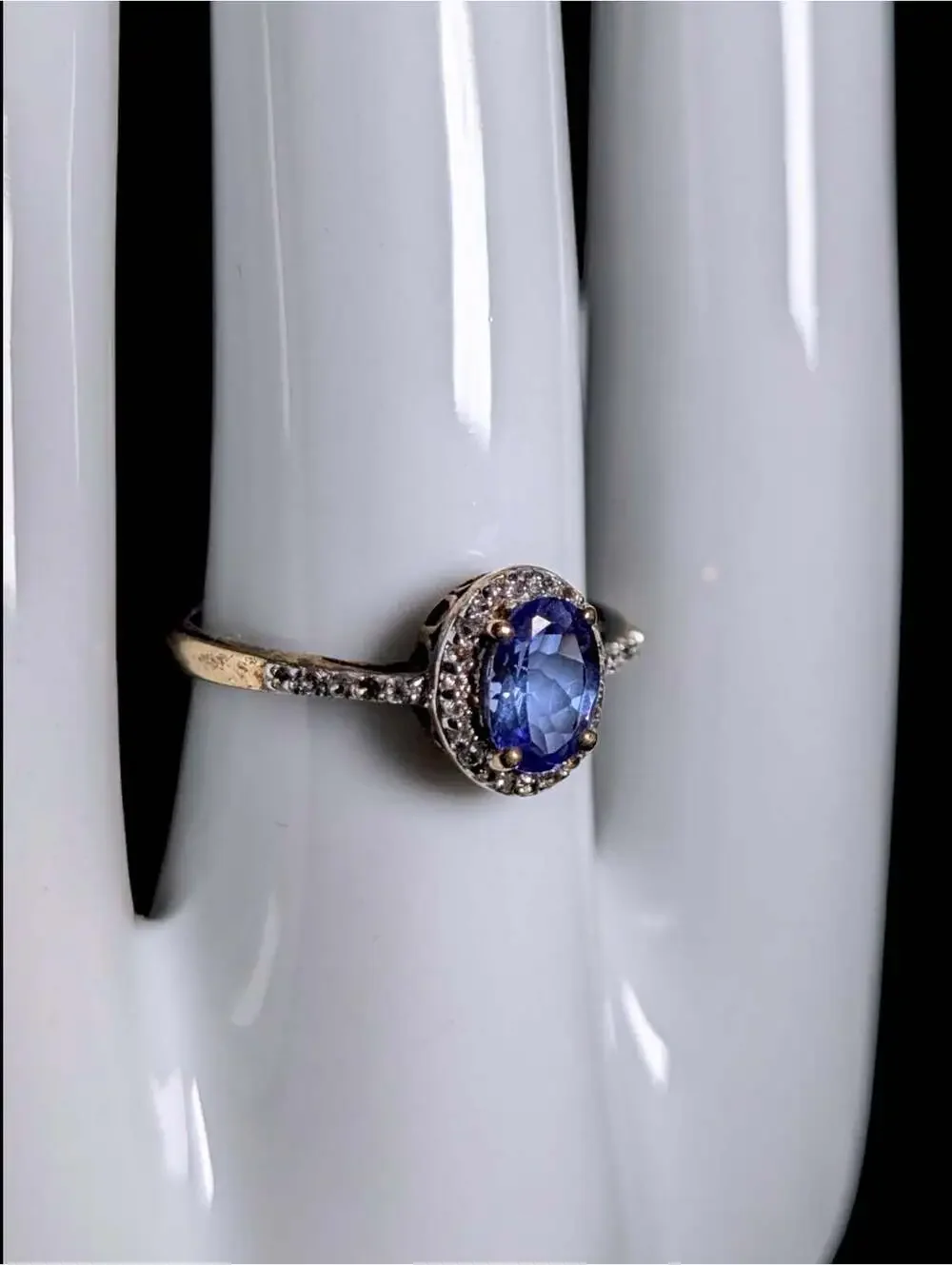 Vintage Genuine Kyanite Solitaire with White Topaz Halo Gold over Sterling Ring